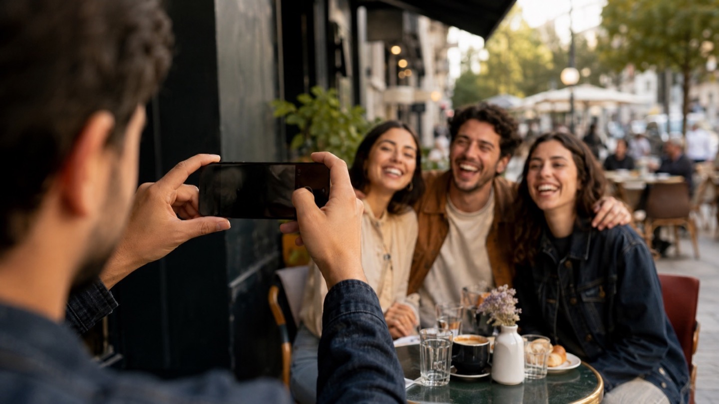 Person photographing friends at an outdoor cafe with an affordable Android phone