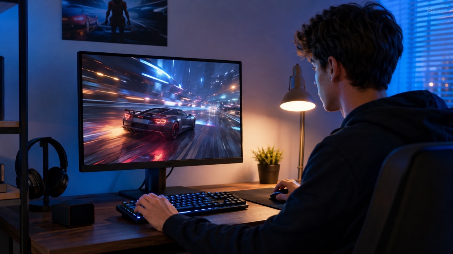 Affordable 1080p gaming monitor on a compact bedroom desk during an evening game