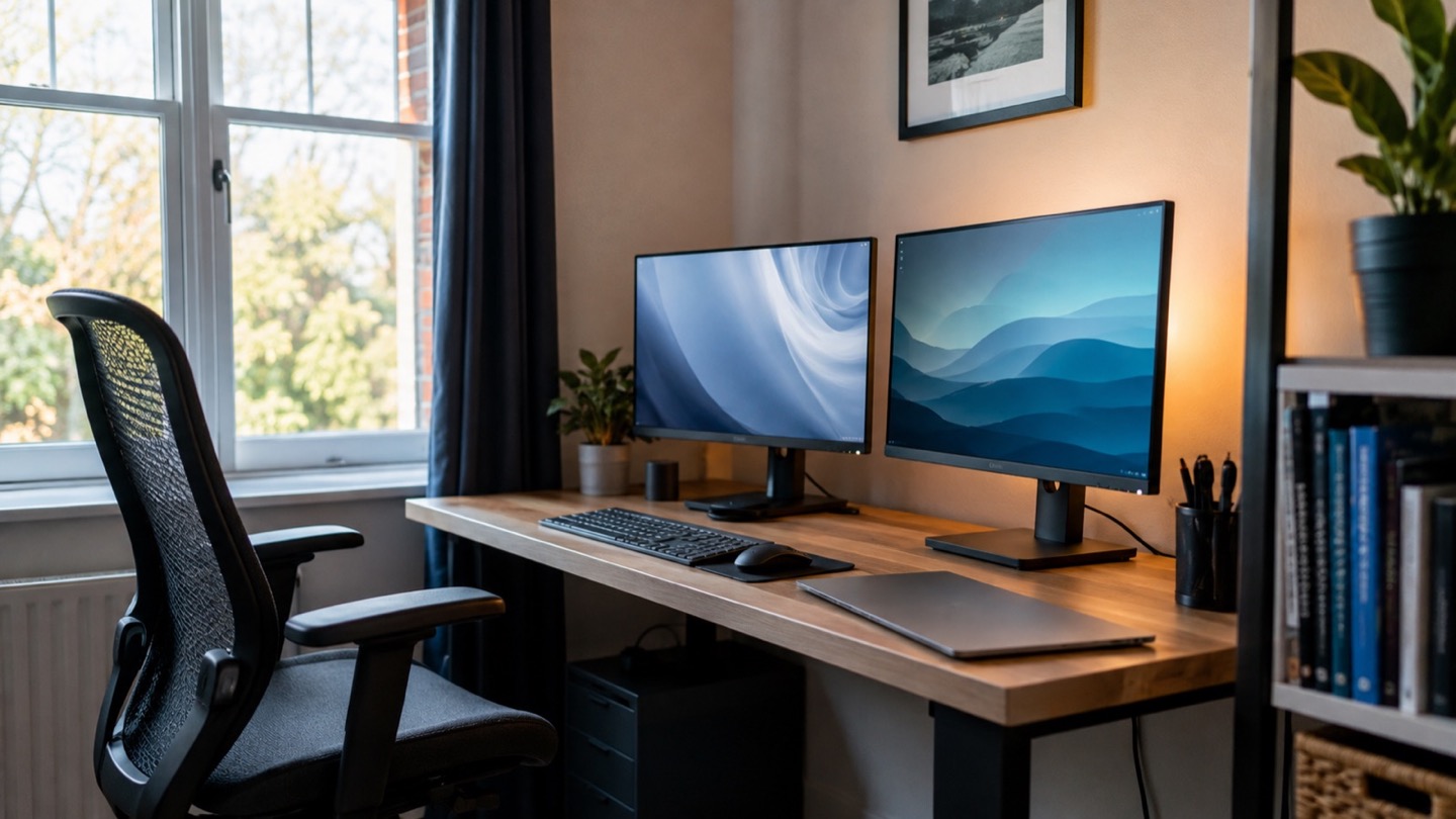 Two budget monitors on a tidy compact home office desk beside a window