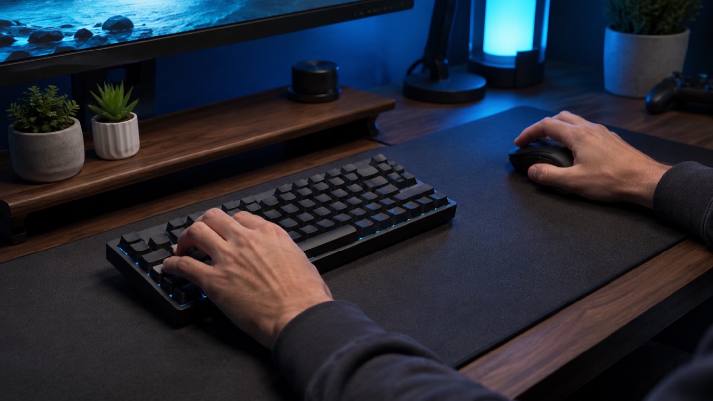 Compact mechanical keyboard and gaming mouse arranged on a small tidy desk