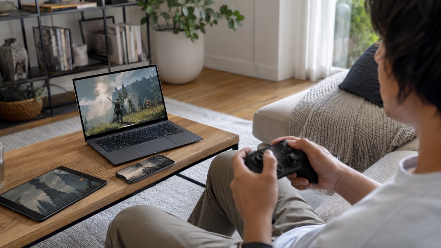 Player using a wireless controller with a laptop and cloud game in a relaxed living room
