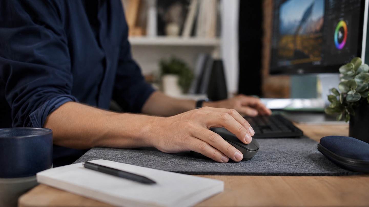 Designer using a comfortable ergonomic mouse during a long workday at a clean desk