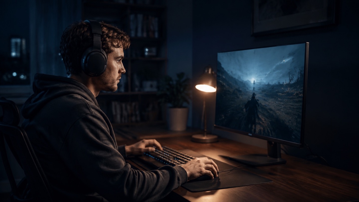 Gamer wearing a comfortable headset at a dim desk while the rest of the apartment is quiet