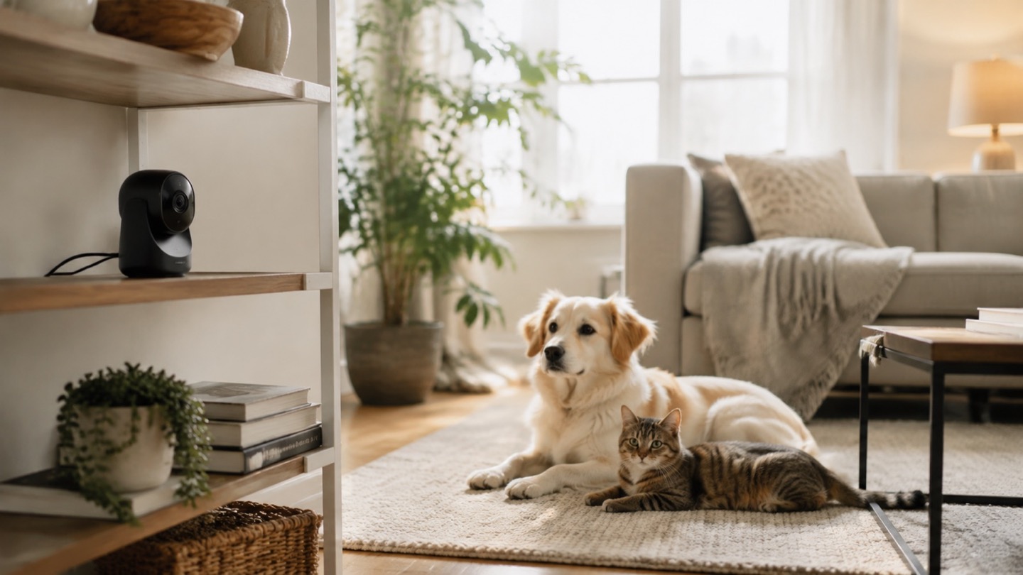 Indoor camera watching a dog resting in a sunlit living room while the owner is away