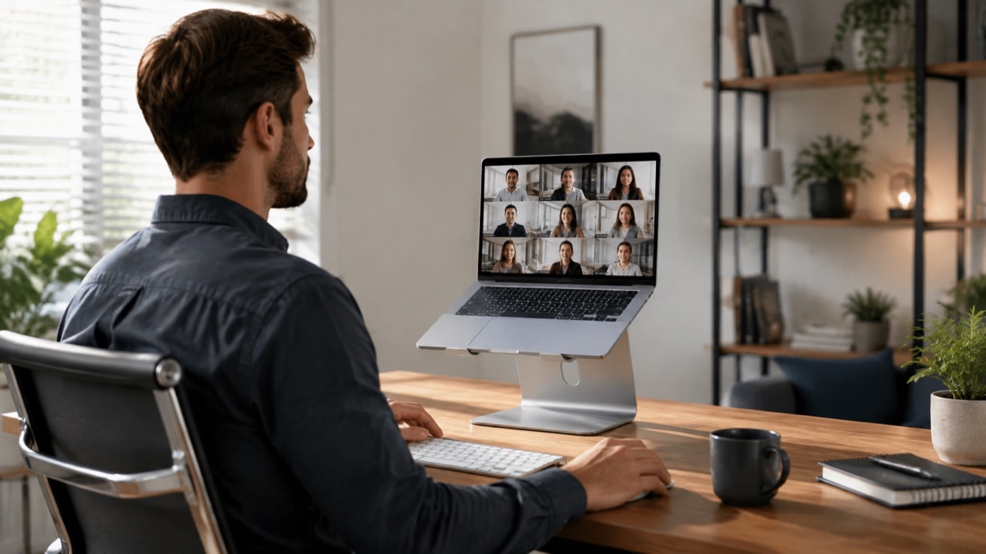 Laptop raised on an aluminum stand for a video call in a bright home office