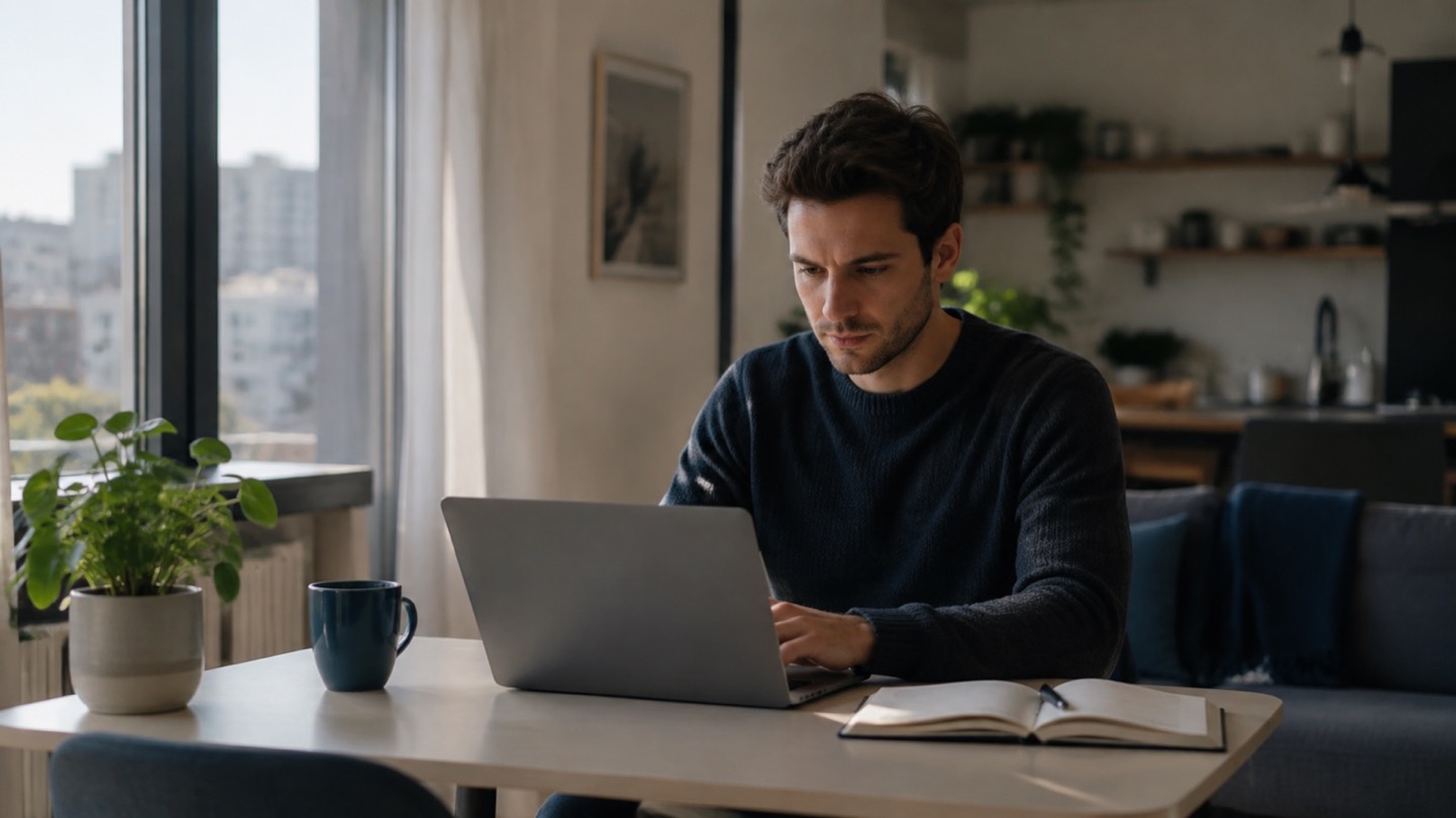 Remote worker using a slim laptop at a compact dining table in a bright apartment