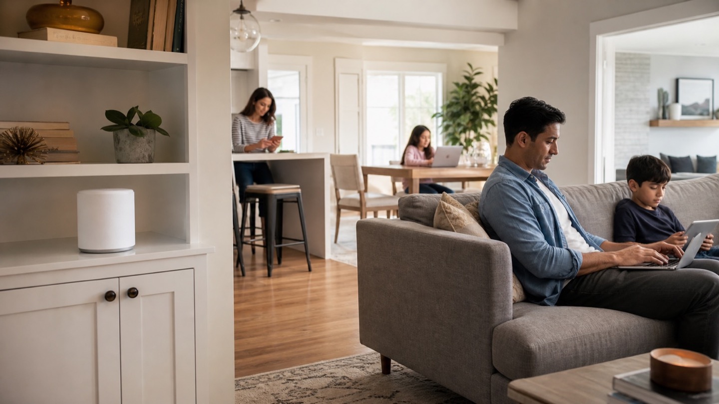 Family using laptops and phones across a multi-room home with a discreet mesh router