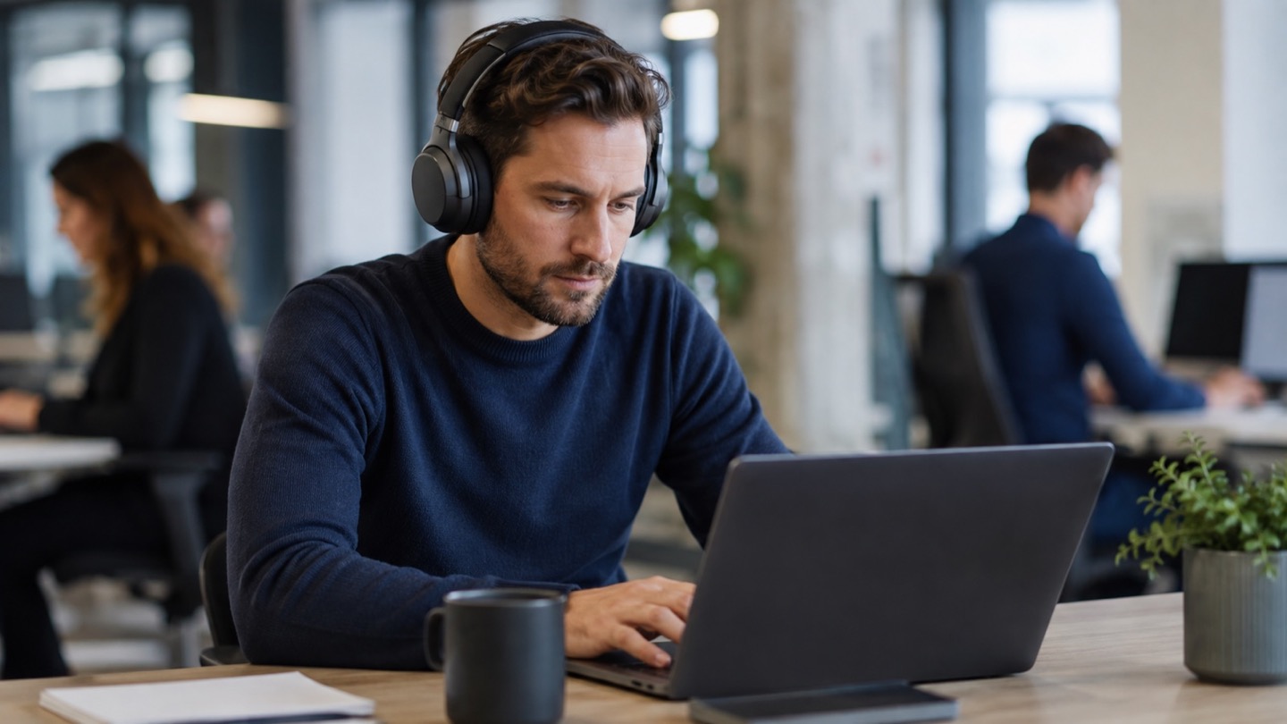 Professional wearing over-ear noise-canceling headphones in a modern open office