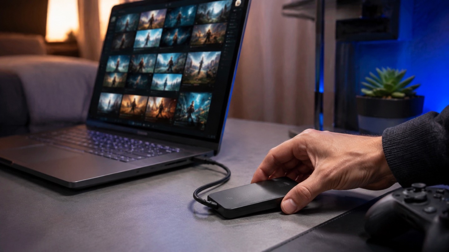 Portable SSD connected to a gaming laptop with a game library open on screen