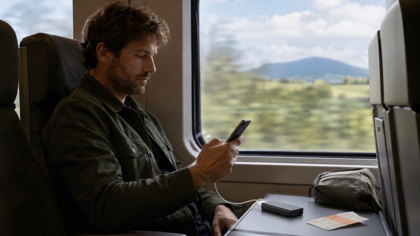 Traveler charging a smartphone from a compact power bank beside a train window