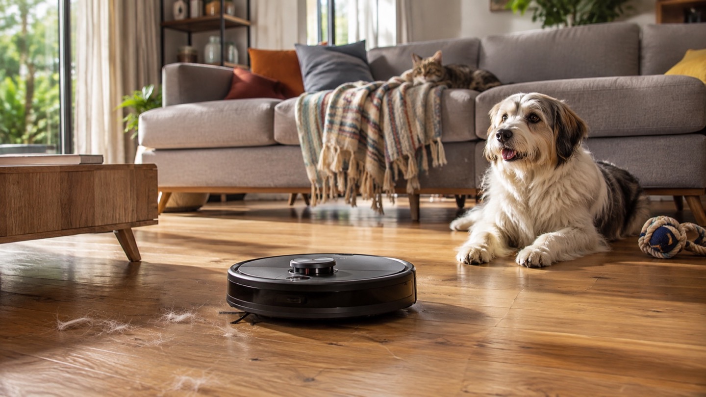 Robot vacuum cleaning pet hair from a bright hard-floor living room near a relaxed cat