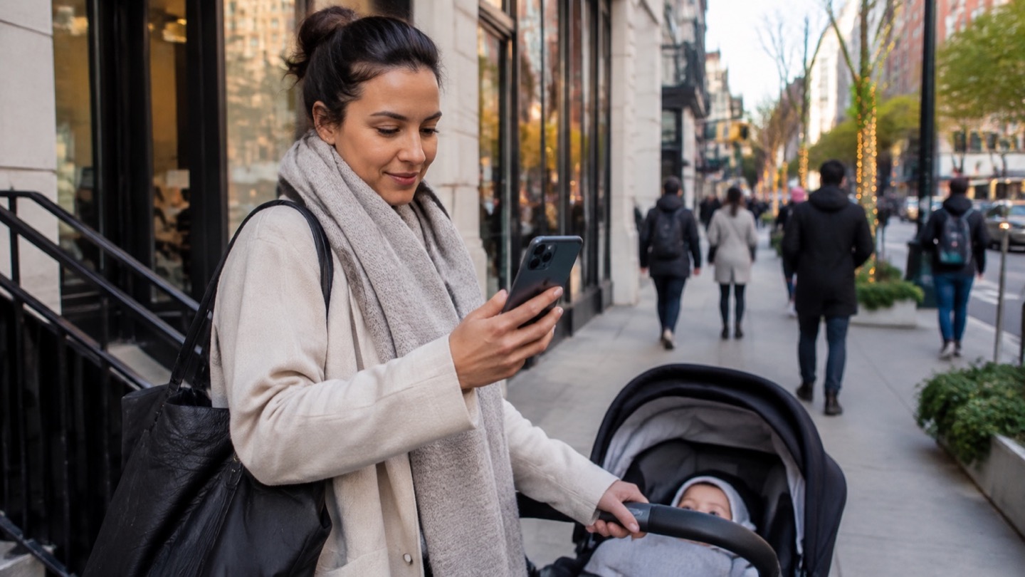 Parent holding a protected smartphone near a stroller on a busy city sidewalk