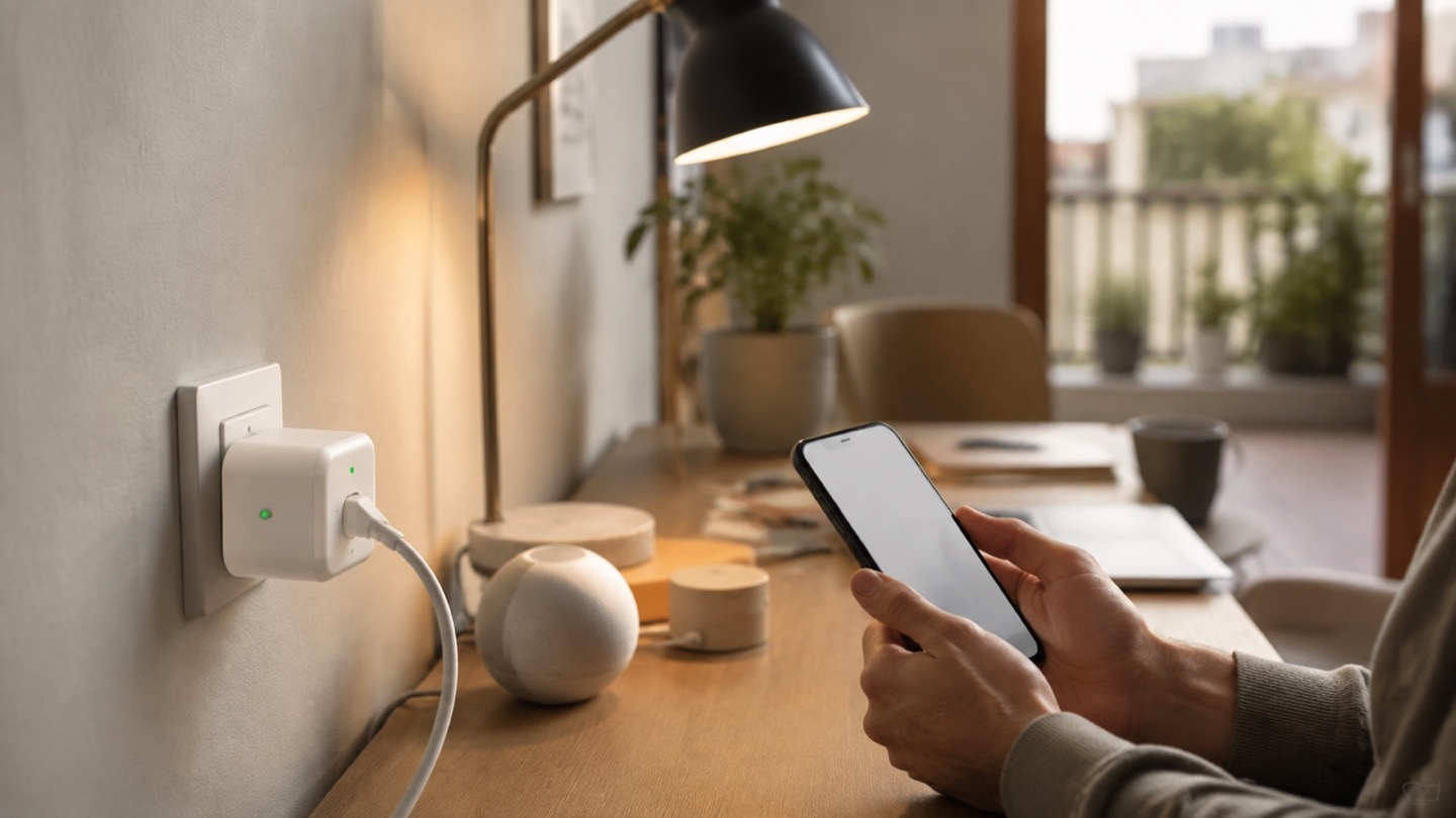 Smart plug controlling a home office lamp and electronics in a real living room