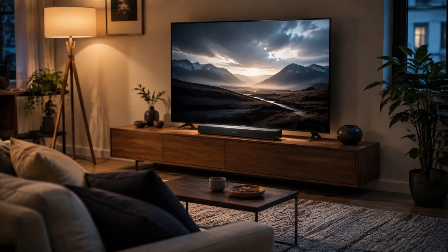 Compact soundbar beneath a television in a tasteful apartment living room