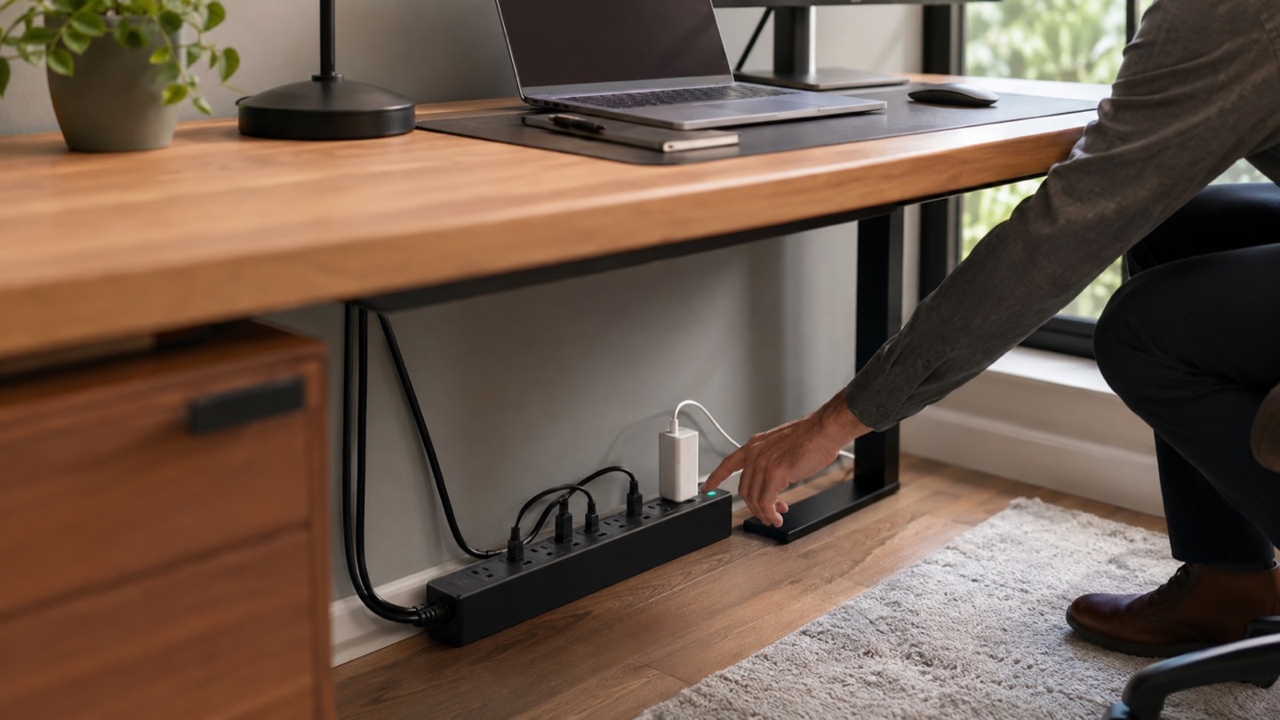 Organized home office power strip and charging station beneath a tidy desk