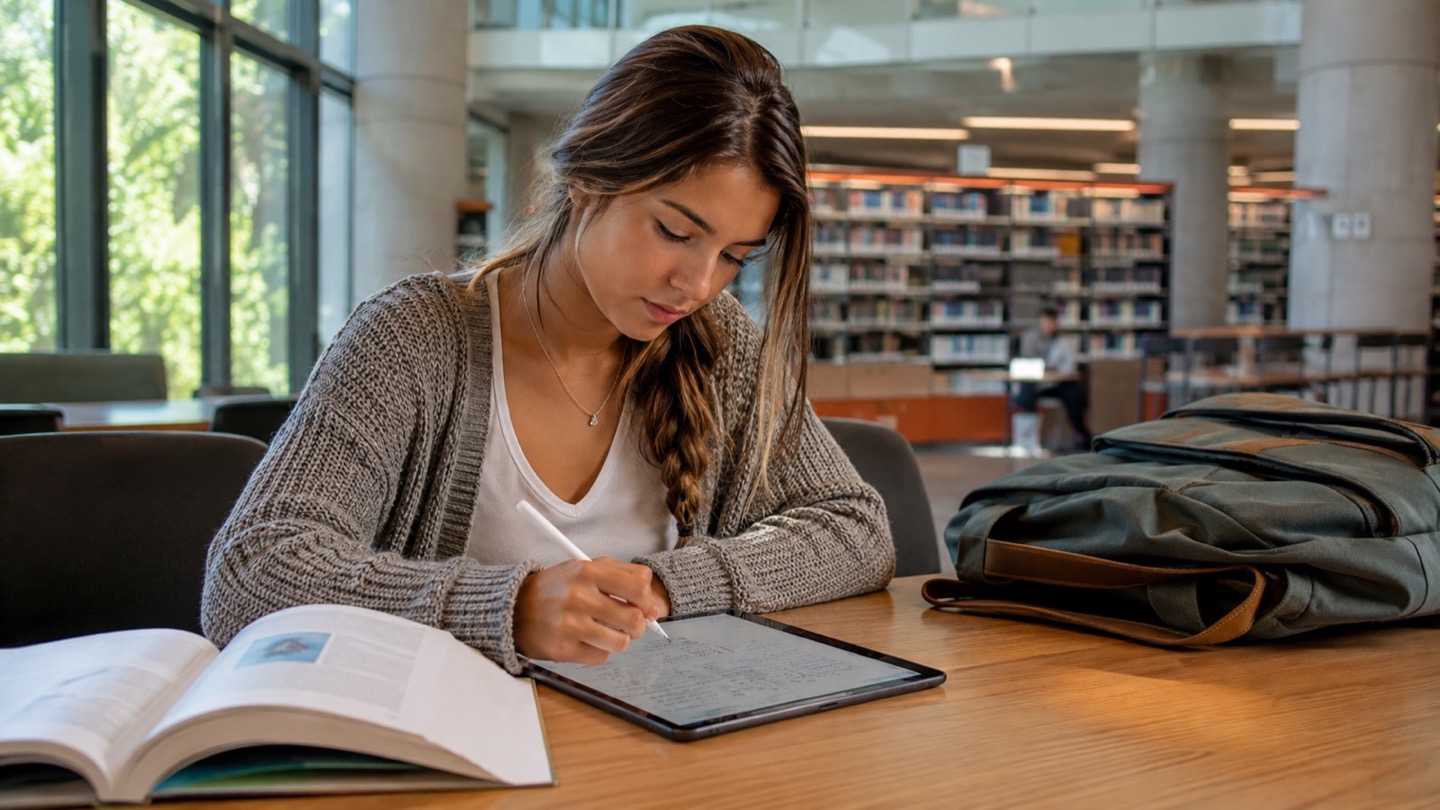 University student taking handwritten notes on a tablet in a library