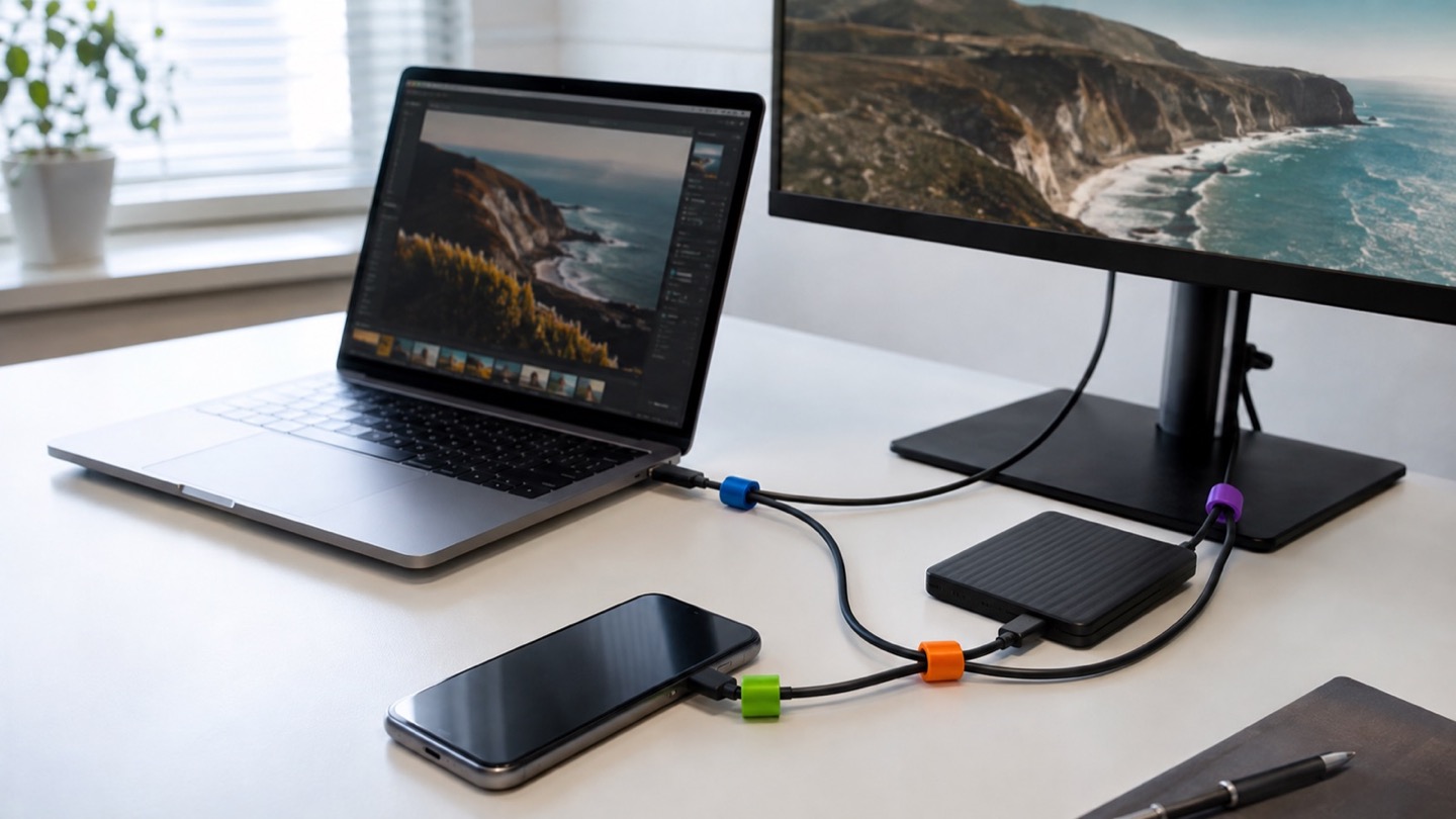 Organized USB-C cables connecting a laptop, phone, and monitor on a clean desk