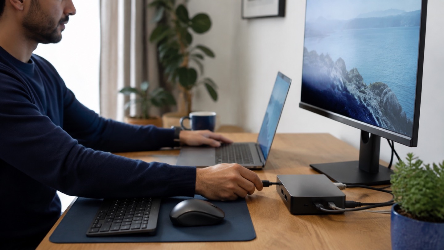 Hybrid worker connecting a laptop to a compact USB-C dock and monitor at home