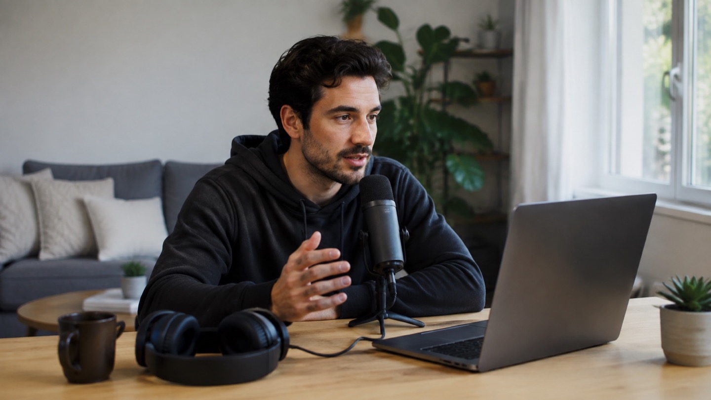 Person speaking into a compact USB microphone at a home desk with soft daylight