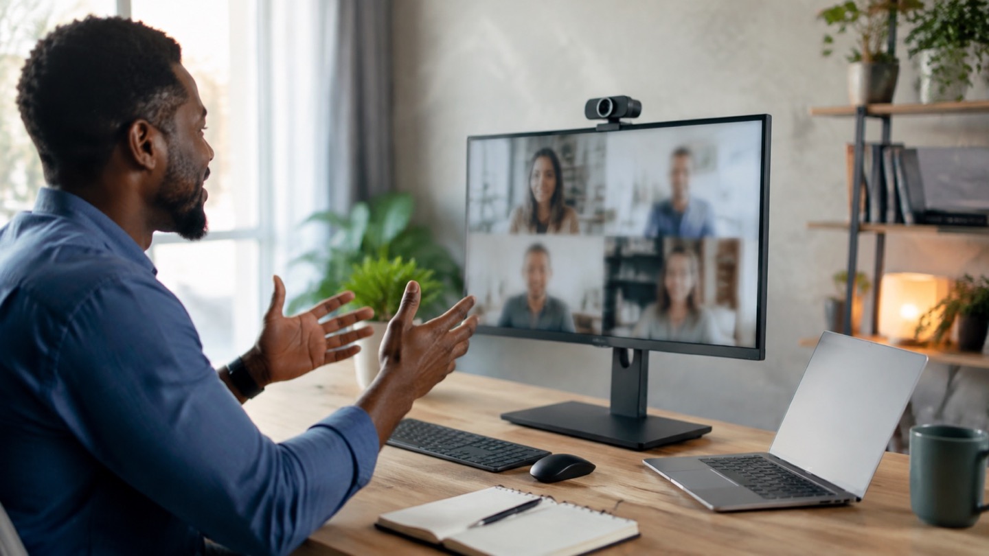Remote professional on a clear webcam call at a naturally lit home office desk