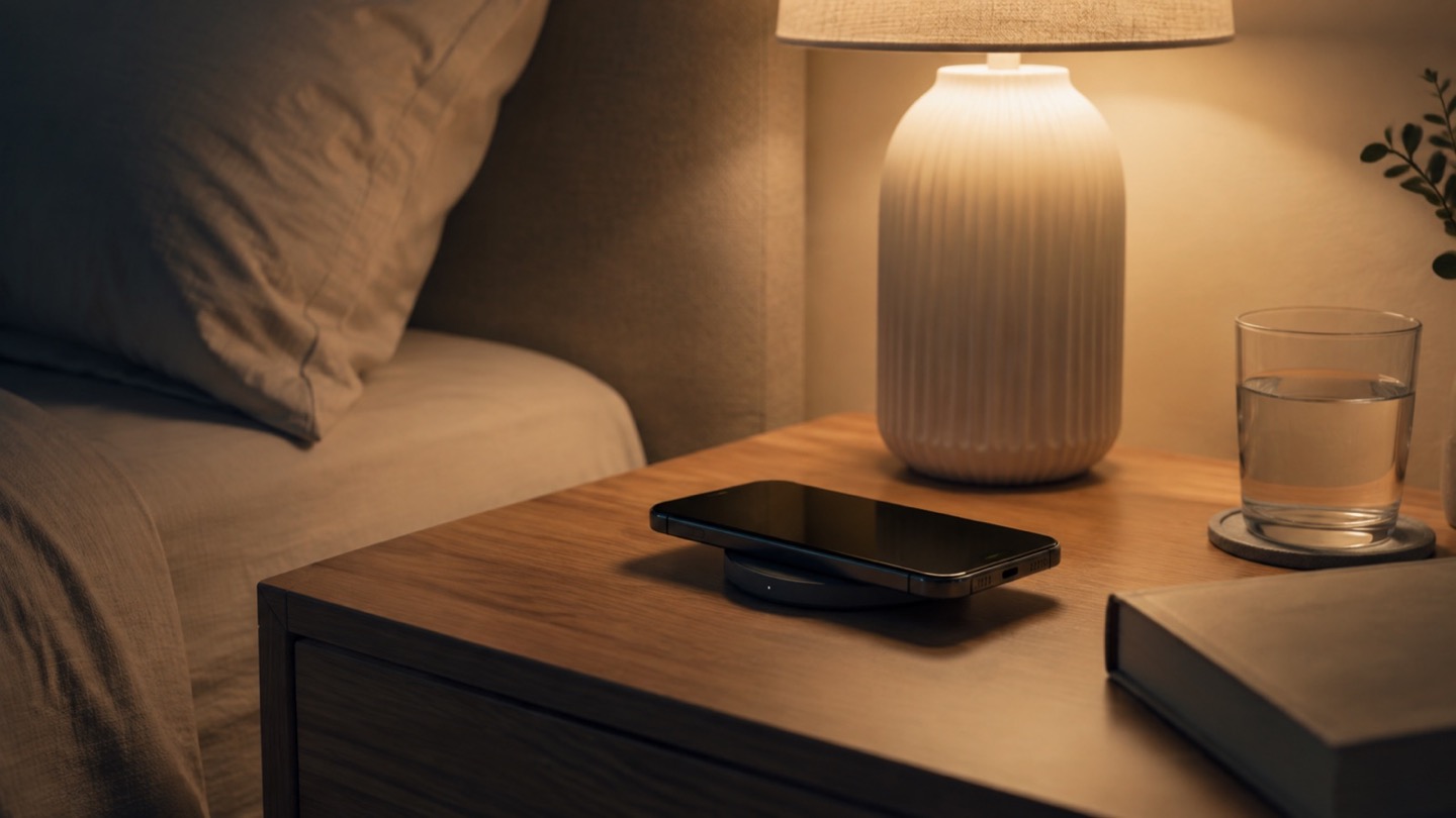 Smartphone resting on a subtle wireless charger on a calm bedside table at night