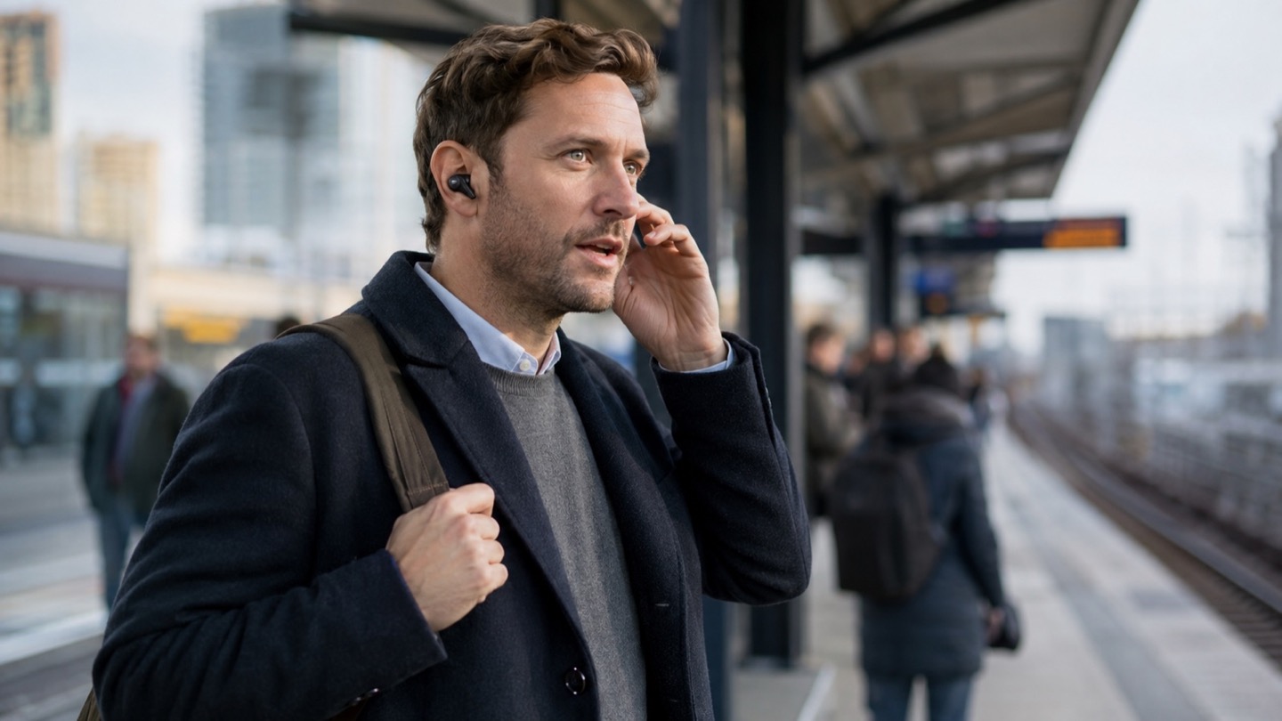 City commuter wearing wireless earbuds while waiting for a train in daylight